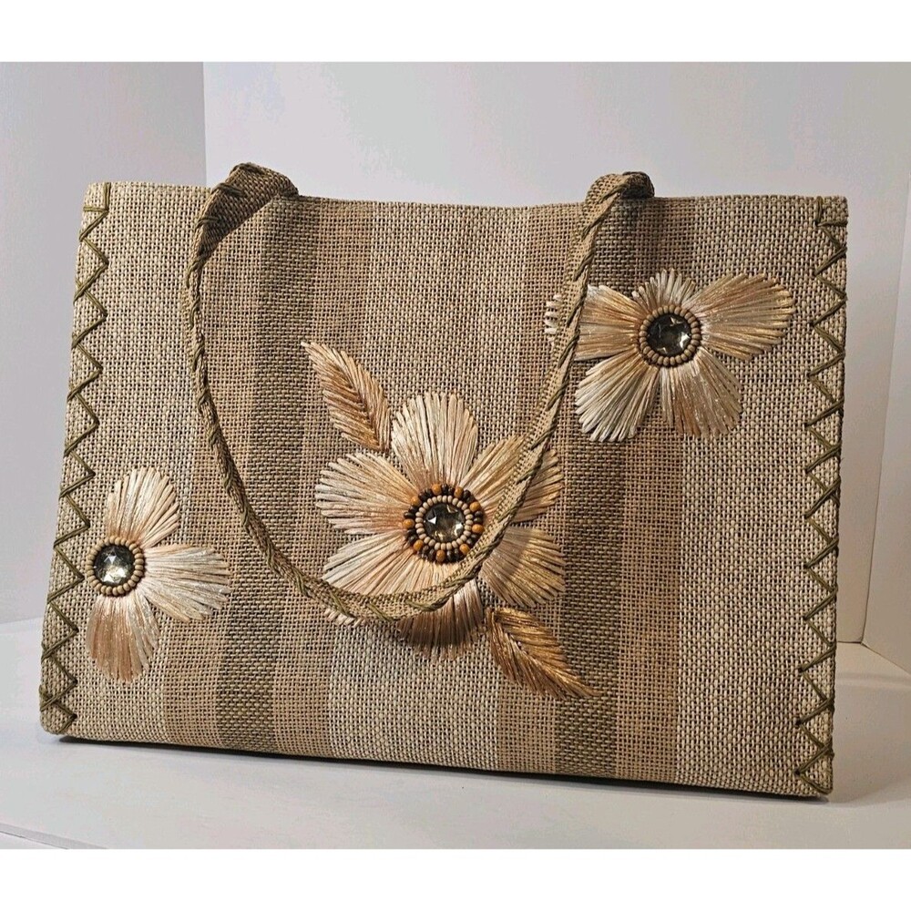 Handmade Woven Raffia Straw Floral Tote Bag with Beaded Rhinestone Accents EUC - Picture 3 of 10